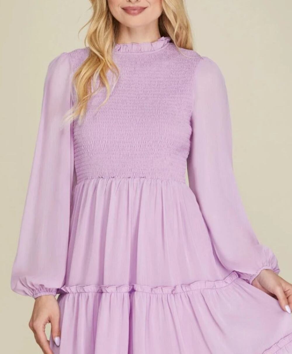 LILAC SMOKED TIERED LONG SLEEVES MINI DRESS
